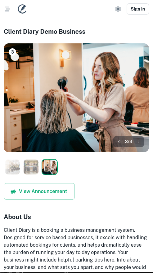 The new Online Booking system, with photos of the business and a short about