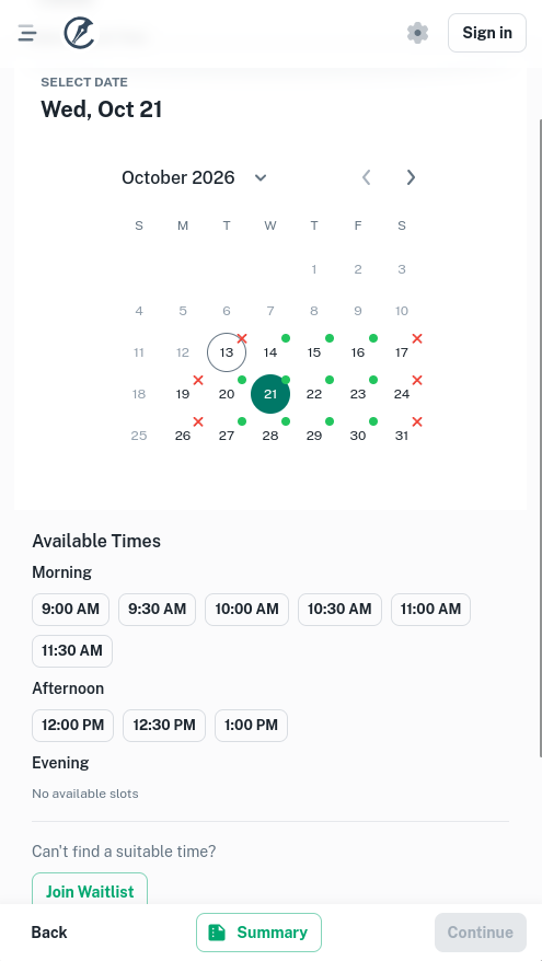 Choosing a date and a free time in the new Online Booking system